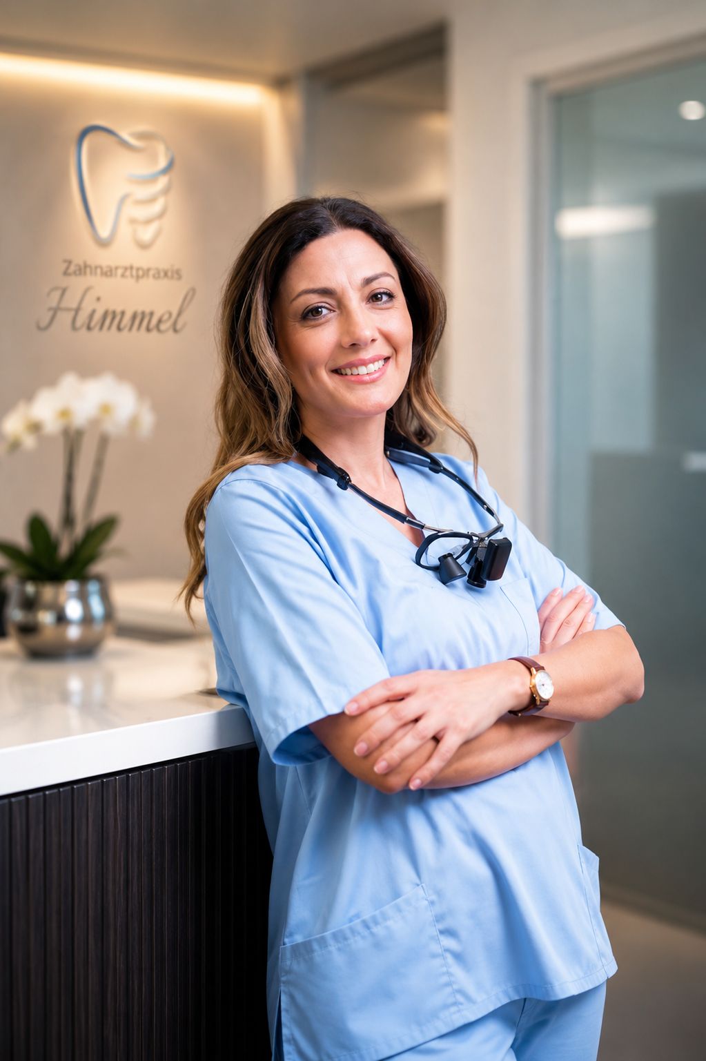 Dr. Dr. Shideh Ashoori-Himmel von Zahnarztpraxis Himmel in Bergisch Gladbach stehend an der Rezeption
